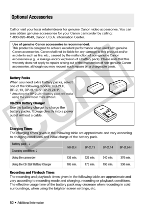 Page 82
82 • Additional Information
Call or visit your local retailer/dealer 
for genuine Canon video accessories. You can 
also obtain genuine accessories fo r your Canon camcorder by calling: 
1-800-828-4040, Canon U.S.A. Information Center.
Battery Packs
When you need extra battery packs, select 
one of the following models: NB-2LH, 
BP-2L13, BP-2L14 or BP-2L24H*.
* Attaching the BP-2L24H battery pack will make  using the viewfinder more difficult.
CB-2LW Battery Charger
Use the battery charger to charge the...