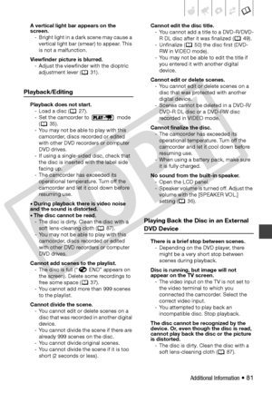 Page 81
Additional Information • 81
A vertical light bar appears on the 
screen. - Bright light in a dark scene may cause a  vertical light bar (sme ar) to appear. This 
is not a malfunction.
Viewfinder picture is blurred. - Adjust the viewfinder with the dioptric  adjustment lever (  31).
Playback/Editing
Playback does not start.- Load a disc (  27).
- Set the camcorder to   mode  (35).
- You may not be able to play with this  camcorder, discs recorded or edited 
with other DVD recorders or computer 
DVD...