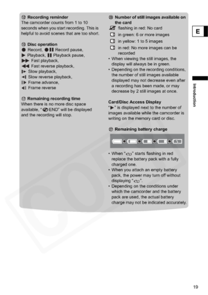 Page 19
19
Introduction
E
 Recording reminder
The camcorder counts from 1 to 10 
seconds when you start recording. This is 
helpful to avoid scenes that are too short.
 Disc operationRecord,  Record pause, 
Playback,  Playback pause, 
Fast playback, 
Fast reverse playback,
Slow playback, 
Slow reverse playback,
Frame advance, 
Frame reverse
Remaining recording time
When there is no more disc space 
available, “ END” will be displayed 
and the recording will stop.   Number of still images available on 
the card...