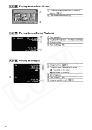 Page 20
20
 Playing Movies (Index Screen)
Current scene number/Total number of 
scenes ( 39)
Date and time of recording
 Playing Movies (During Playback)
Disc operation
Playback time (hours : minutes : seconds)
Scene number
Data code ( 45)
 Viewing Still Images
Image number ( 84)
Current image / Number of images  recorded on the card,  recorded on the disc
Still image size
Data code ( 45)
Image protection mark ( 96)  