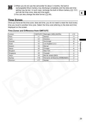 Page 29
29
Preparations
E
When you do not use the camcorder for about 3 months, the built-in 
rechargeable lithium battery may discharge completely and the date and time 
setting may be lost. In such case, recharge the built-in lithium battery ( 131) 
and set the time zone, date and time again.
 You can also change the date format ( 84).
Time Zones
Once you have set the time zone, date and time, you do not need to reset the clock every 
time you travel to another time zone. Select the time zone referring to the...