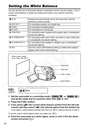 Page 64
64
Setting the White Balance
You can choose one of the preset settings to reproduce colors more accurately, or set a 
custom white balance to obtain the setting best suited to your specific recording 
conditions.
1. Set the camcorder to a recording mode (  or  ) 
and set the mode dial to a position other than   or  .
2. Press the FUNC. button.
3. First, select ( ) the current white balance symbol from the left side  column and then select ( ) the desired  option from the bottom bar.
If you select a...