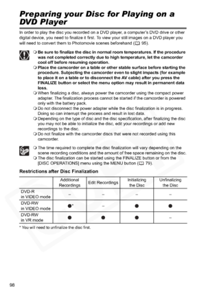 Page 98
98
Disc FinalizationPreparing your Disc for Playing on a 
DVD Player
In order to play the disc you recorded on a DVD player, a computer’s DVD drive or other 
digital device, you need to finalize it first. To view your still images on a DVD player you 
will need to convert them to Photomovie scenes beforehand ( 95).
Be sure to finalize the disc in normal room temperatures. If the procedure 
was not completed correctly due to high temperature, let the camcorder 
cool off before resuming operation.
 Place...