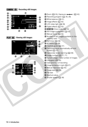 Page 16
16 • Introduction
 Recording still images
 Viewing still images
Zoom ( 30), Exposure   ( 40)
Recording program ( 36, 38)
White balance ( 41)
Image effects ( 42)
LCD video light ( 39)
Digital effects ( 42)  Drive mode ( 56)
Still image quality/size ( 52)
Manual focus ( 40)
Number of still images available on the 
memory card
Self timer ( 39)
AF frame ( 69)
Joystick guide ( 21)
Focus/exposure automatically set and 
locked ( 51)
Camcorder shake warning ( 68)
Image number ( 17, 71)
Current image / Total...