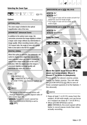 Page 31
Video • 31
Selecting the Zoom Type
Options
 Default value
 
[  MENU]   
[  CAMERA SETUP]   
[ZOOM TYPE]   Desired option 
NOTES
• The range of the advanced zoom will  change depending on the aspect ratio of 
the scene 
( 30).
•  Advanced zoom cannot be  selected if [WIDESCREEN] is set to 
[ OFF]. 
Using the Zoom
Move the zoom lever toward  W to 
zoom out (wide-angle). Move it 
toward  T to zoom in (telephoto).
Press gently for slower zooms; press 
harder for faster zooms. You can also 
set [ZOOM SPEED]...