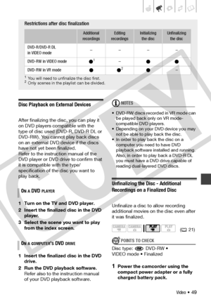 Page 49
Video • 49
Disc Playback on External Devices
After finalizing the disc, you can play it 
on DVD players compatible with the 
type of disc used (DVD-R, DVD-R DL or 
DVD-RW). You cannot play back discs 
on an external DVD device if the discs 
have not yet been finalized. 
Refer to the instruction manual of the 
DVD player or DVD drive to confirm that 
it is compatible with the type/
specification of the disc you want to 
play back.
1 Turn on the TV and DVD player.
2 Insert the finalized disc in the DVD...