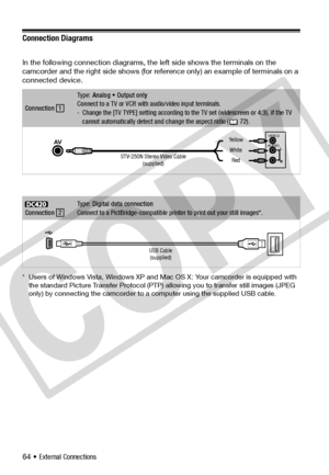 Page 64
64 • External Connections
Connection Diagrams
In the following connection diagrams, the left side shows the terminals on the 
camcorder and the right side shows (for reference only) an example of terminals on a 
connected device.
* Users of Windows Vista, Windows XP and Mac OS X: Your camcorder is equipped with the standard Picture Transfer Protocol (PTP) allowing you to transfer still images (JPEG 
only) by connecting the camcorder to a computer using the supplied USB cable.
Connection 
Ty p e :...