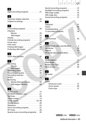 Page 95
Additional Information • 95
NNight (recording program)  . . . . . . . . . . .37
OOnscreen display selection  . . . . . . . . . .43
Original recordings . . . . . . . . . . . . . . . . .45
PP (recording program). . . . . . . . . . . . . . .38
PlaybackMovies . . . . . . . . . . . . . . . . . . . . . . .33
Still images  . . . . . . . . . . . . . . . . . . .53
Playlist  . . . . . . . . . . . . . . . . . . . . . . . . . .45
Portrait (recording program) . . . . . . . . . .37
Power save . . . . . . . . . . . ....