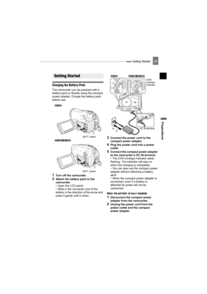 Page 23 Getting Started
Preparations
23
Preparations
Getting Started
Charging the Batter y Pack
The camcorder can be powered with a 
battery pack or directly using the compact 
power adapter. Charge the battery pack 
before use.
1Turn off the camcorder.
2Attach the battery pack to the 
camcorder.
• Open the LCD panel.
• Slide in the connector end of the 
battery in the direction of the arrow and 
press it gently until it clicks.
3Connect the power cord to the 
compact power adapter.
4Plug the power cord into a...