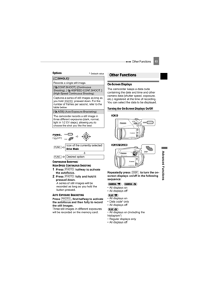 Page 63 Other Functions
Advanced Functions
63
Options Default value
CONTINUOUS SHOOTING/
H
IGH-SPEED CONTINUOUS SHOOTING 
1Press   halfway to activate 
the autofocus.
2Press   fully and hold it 
pressed down.
A series of still images will be 
recorded as long as you hold the 
button pressed.
AUTO EXPOSURE BRACKETING 
Press  , first halfway to activate 
the autofocus and then fully to record 
the still images.
Three still images in different exposures 
will be recorded on the memory card.
Other Functions...