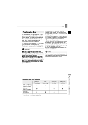 Page 77Playing Back the Disc on an External Device
77
Playing Back the Disc on an External Device
To play the disc you recorded on a DVD 
player, a computer’s DVD drive or other 
digital device, you need to finalize it first. 
You do not need to finalize the disc to 
play back your recordings with the 
camcorder connected to the TV.
To view your still images on a DVD player 
you will need to convert them to 
Photomovie scenes beforehand ( 74).
IMPORTANT
   Be sure to finalize the disc in normal room...