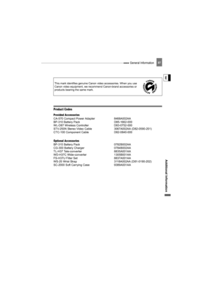 Page 87 General Information87
Additional  Informati on
E
Product Codes
Provided Accessories
CA-570 Compact Power Adapter  8468A002AA
BP-310 Battery Pack D85-1662-000
WL-D87 Wireless Controller D83-0752-000
STV-250N Stereo Video Cable 3067A002AA (D82-0590-201)
CTC-100 Component Cable D82-0840-000
Optional Accessories
BP-315 Battery Pack 0782B002AA
CG-300 Battery Charger 0784B002AA
TL-H37 Tele-converter  8835A001AA
WD-H37C Wide-converter  1305B001AA
FS-H37U Filter Set  8837A001AA
WS-20 Wrist Strap 3118A002AA...