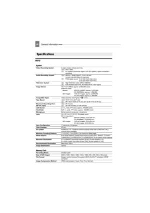 Page 8888General Information 
HV10
Specifications
SystemVideo Recording System2 rotary heads, helical scanning 
 HDV 1080i 
  DV system (consumer digital V CR SD system), digital component 
recording
Audio Recording System  MPEG-1 Audio Layer 2, 16 bit, 48 kHz; 
transfer rate 384 kbps (2 channels)
  PCM digital sound:  16 bit (48 kHz/2 channels);  12 bit (32 kHz/4 channels)
Television System High Definition Video (HDV) 1080/60i
EIA standard (525 lines, 60 fields) NTSC color signal
Image Sensor 1/2.7-inch CMOS,...