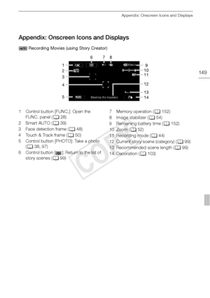 Page 149Appendix: Onscreen Icons and Displays
149
Appendix: Onscreen Icons and Displays
 Recording Movies (using Story Creator)
1678
2
3
4
5 9
10
11
12
13
14
1 Control button [FUNC.]: Open the 
FUNC. panel ( 028)
2Smart AUTO ( 039)
3 Face detection frame ( 048)
4 Touch & Track frame ( 050)
5 Control button [PHOTO]: Take a photo  (0 38, 97)
6 Control button [ ]: Return to the list of  story scenes ( 099)7 Memory operation ( 0152)
8 Image stabilizer ( 054)
9 Remaining battery time ( 0152)
10 Zoom ( 052)
11...