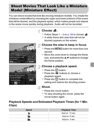 Page 109109
You can shoot movies that look like moving miniature models. You create the 
miniature model effect by choosing the upper and lower portions of the scene 
that will be blurred, and the playback speed, which makes people and objects 
in the scene move quickly during playback. Audio will not be recorded.
Choose .
zFollow Steps 1 – 2 on p. 64 to choose  .XA white frame (the area that will not be 
blurred) appears on the screen.
Choose the area to keep in focus.
zPress the n button for more than one...