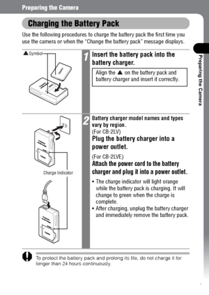 Page 2321
Preparing the Camera
Preparing the Camera
Charging the Battery Pack
Use the following procedures to charge the battery pack the first time you 
use the camera or when the “Change the battery pack” message displays. 
To protect the battery pack and prolong its life, do not charge it for 
longer than 24 hours continuously.
1Insert the battery pack into the 
battery charger.
Align the   on the battery pack and 
battery charger and insert it correctly. 
2Battery charger model names and types 
vary by...