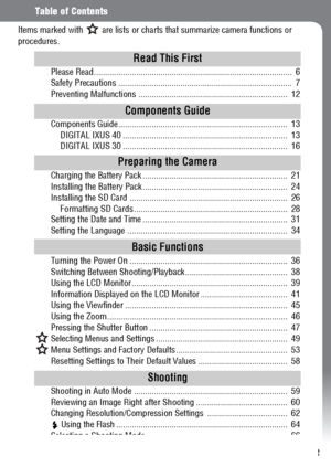 Page 53
Table of Contents
Items marked with   are lists or charts that summarize camera functions or 
procedures.
Read This First
Please Read.........................................................................................  6
Safety Precautions ..............................................................................  7
Preventing Malfunctions ...................................................................  12
Components Guide
Components...