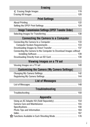 Page 75
Erasing
 Erasing Single Images ...............................................................  119
Erasing All Images ..........................................................................  120
Print Settings
About Printing .................................................................................  122
Setting the DPOF Print Settings ......................................................  124
Image Transmission Settings (DPOF Transfer Order)
Selecting Images for Transferring...