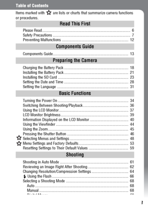 Page 5
3
Table of Contents
Please Read.........................................................................................  6
Safety Precautions ..............................................................................  7
Preventing Malfunctions ...................................................................  12
Components Guide ............................................................................  13
Charging the Battery Pack...