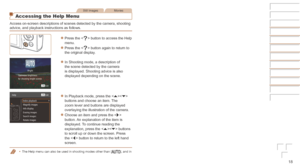 Page 1818
Still ImagesMovies
Accessing the Help Menu
Access on-screen descriptions of scenes detected by the camera, shooting\
 
advice, and playback instructions as follows.
zzPress the  button to access the Help 
menu.
zzPress the  button again to return to 
the original display.
zzIn Shooting mode, a description of 
the scene detected by the camera 
is displayed. Shooting advice is also 
displayed depending on the scene.
zzIn Playback mode, press the  
buttons and choose an item. The 
zoom lever and buttons...