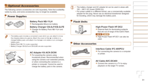 Page 8181
Optional Accessories
The following camera accessories are sold separately. Note that availability 
varies by area, and some accessories may no longer be available.
Power Supplies
Battery	Pack	NB-11LHzzRechargeable lithium-ion battery
Battery	Charger	CB-2LF/CB-2LFEzzCharger for Battery Pack NB-11LH and 
NB-11L.
•	The battery pack includes a convenient cover which you can attach to kno\
w 
the charging status at a glance. Attach the cover so that  is visible on a 
charged battery pack, and attach it so...