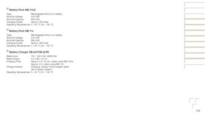 Page 11411 4
Battery	Pack	NB-11LH
Type: Rechargeable lithium-ion battery
Nominal Voltage: 3.6 V DC
Nominal Capacity: 800 mAh
Charging Cycles: Approx. 300 times
Operating Temperatures: 0 – 40 °C (32 – 104 °F)
Battery	Pack	NB-11L
Type: Rechargeable lithium-ion battery
Nominal Voltage: 3.6 V DC
Nominal Capacity: 680 mAh
Charging Cycles: Approx. 300 times
Operating Temperatures: 0 – 40 °C (32 – 104 °F)
Battery	Charger	CB-2LF/CB-2LFE
Rated Input: 100 – 240 V AC (50/60 Hz)
Rated Output: 4.2 V DC, 0.41 A
Charging Time:...