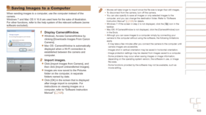 Page 103103
Before Use
Basic Guide
Advanced Guide
Camera Basics
Auto mode / Hybrid 
Auto mode
Other Shooting 
Modes
P Mode
Playback Mode
Wi-Fi Functions
Setting Menu
Accessories
Appendix
Index
Before Use
Basic Guide
Advanced Guide
Camera Basics
Auto mode / Hybrid 
Auto mode
Other Shooting 
Modes
P Mode
Playback Mode
Wi-Fi Functions
Setting Menu
Accessories
Appendix
Index
•	Movies will take longer to import since the file size is larger than still images.
•	 To disconnect from the camera, turn off the camera.
•...