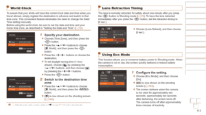 Page 11311 3
Before Use
Basic Guide
Advanced Guide
Camera Basics
Auto mode / Hybrid 
Auto mode
Other Shooting 
Modes
P Mode
Playback Mode
Wi-Fi Functions
Setting Menu
Accessories
Appendix
Index
Before Use
Basic Guide
Advanced Guide
Camera Basics
Auto mode / Hybrid 
Auto mode
Other Shooting 
Modes
P Mode
Playback Mode
Wi-Fi Functions
Setting Menu
Accessories
Appendix
Index
World Clock
To ensure that your shots will have the correct local date and time when \
you 
travel abroad, simply register the destination in...