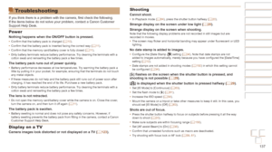 Page 137137
Before Use
Basic Guide
Advanced Guide
Camera Basics
Auto mode / Hybrid 
Auto mode
Other Shooting 
Modes
P Mode
Playback Mode
Wi-Fi Functions
Setting Menu
Accessories
Appendix
Index
Before Use
Basic Guide
Advanced Guide
Camera Basics
Auto mode / Hybrid 
Auto mode
Other Shooting 
Modes
P Mode
Playback Mode
Wi-Fi Functions
Setting Menu
Accessories
Appendix
Index
Troubleshooting
If you think there is a problem with the camera, first check the following. 
If the items below do not solve your problem,...