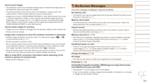 Page 140140
Before Use
Basic Guide
Advanced Guide
Camera Basics
Auto mode / Hybrid 
Auto mode
Other Shooting 
Modes
P Mode
Playback Mode
Wi-Fi Functions
Setting Menu
Accessories
Appendix
Index
Before Use
Basic Guide
Advanced Guide
Camera Basics
Auto mode / Hybrid 
Auto mode
Other Shooting 
Modes
P Mode
Playback Mode
Wi-Fi Functions
Setting Menu
Accessories
Appendix
Index
Cannot send images.•	The destination device has insufficient storage space. Increase the storage space on 
the destination device and resend...