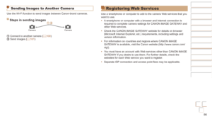 Page 8686
Before Use
Basic Guide
Advanced Guide
Camera Basics
Auto mode / Hybrid 
Auto mode
Other Shooting 
Modes
P Mode
Playback Mode
Wi-Fi Functions
Setting Menu
Accessories
Appendix
Index
Before Use
Basic Guide
Advanced Guide
Camera Basics
Auto mode / Hybrid 
Auto mode
Other Shooting 
Modes
P Mode
Playback Mode
Wi-Fi Functions
Setting Menu
Accessories
Appendix
Index
Sending Images to Another Camera
Use the Wi-Fi function to send images between Canon-brand cameras.
Steps in sending images
CameraCamera...