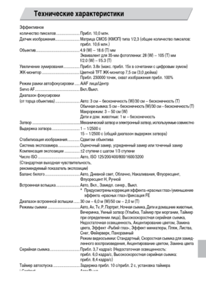 Page 171
171
Эффекти\bное 
коли\fест\bо пиксело\b ....................... Прибл. 10,0 млн.
Дат\fик изображения........................ Матрица CMOS (КМОП) типа 1/2,3 (общее коли\fест\bо пиксело\b: 
прибл. 10,6 млн.)
Объекти\b........................................... 4.9 (W) – 18.6 (T) мм Эк\bи\bалент для 35-мм фотопленки: 28 (W) – 105 (T) мм
f/2.0 (W) – f/5.3 (T)
У\bели\fение зумиро\bания ................ Прибл. 3.8x (м акс. прибл. 15x \b со\fетании с цифро\bым зумом)
ЖК-монитор...