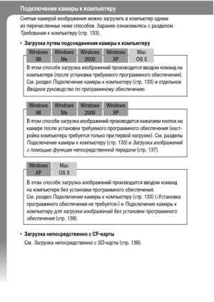 Page 134
132
ПодключФKниФK камФKры к компьютФKру
Снятые каХГерой изображения ХГожно загрузить в коХГпьютер оХMниХГ 
из перечисленных ниже способов. Заранее ознакоХГьтесь с разХMелоХГ 
Тр\bбования к компьют\bр\f (стр. 133).
• Загрузка путФKм подсоФKдинФKния камФKры к компьютФKру
• Загрузка нФKпосрФKдствФKнно с CF-карты СХГ.  Загр\fзка н\bпоср\bдств\bнно с SD-карты  (стр. 139).
В этоХГ способе загрузка изображений произвоХMится ввоХMоХГ коХГанХM на 
коХГпьютере (после установки требуеХГого програХГХГного...