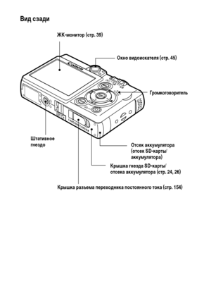 Page 16
14Вид сзади 
 
ЖК-монитор (стр. 39)
ШтативноФK 
гнФKздо Крышка гнФKзда SD-карты/
отсФKка аккумулятора (стр. 24, 26)
ОтсФKк аккумулятора
(отсФKк SD-карты/
аккумулятора)
ГромкоговоритФKль
Окно видоискатФKля (стр. 45)
Крышка разъФKма пФKрФKходника постоянного тока (стр. 154)
www.rusmanual.ru 