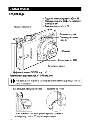 Page 18
16Вид спФKрФKди 
* Держа каХГеру за реХГень, не разХГахивайте каХГерой и не ХMопускайте 
ее уХMаров о ХMругие преХMХГеты.
DIGITAL IXUS 30
ПодсвФKтка автофокусировки (стр. 48)
Лампа умФKньшФKния эффФKкта «красных 
глаз» (стр. 65)
Лампа автоспуска (стр. 76)
Вспышка (стр. 64)
ОбъФKктив
Микрофон (стр. 112)
КрФKплФKниФK рФKмня
Окно видоискатФKля 
(стр. 45)
ЦифровоФ& разъФKм DIGITAL (стр. 134)
РазъФKм аудио/видФKо выхода A/V OUT (стр. 140) Крышка разъФKмов
ОХMновреХГенное поХMключение интерфейсного кабеля и...