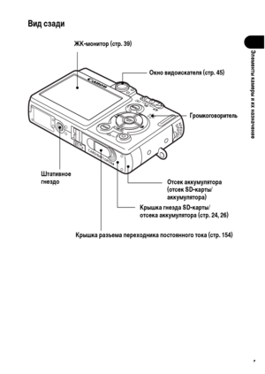 Page 19
17
ЭлФKмФKнты камФKры и их назначФKниФK
Вид сзади 
 
ЖК-монитор (стр. 39)
ШтативноФK 
гнФKздо Крышка гнФKзда SD-карты/
отсФKка аккумулятора (стр. 24, 26)
ОтсФKк аккумулятора
(отсФKк SD-карты/
аккумулятора)
ГромкоговоритФKль
Окно видоискатФKля (стр. 45)
Крышка разъФKма пФKрФKходника постоянного тока (стр. 154)
www.rusmanual.ru 