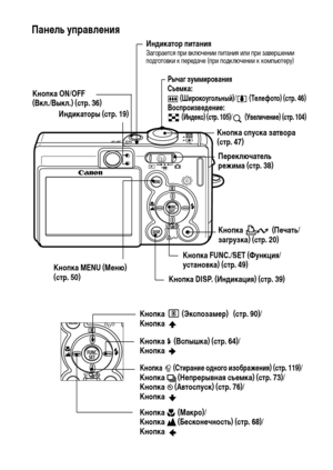 Page 20
18ПанФKль управлФKния 
Кнопка ON/OFF 
(Вкл./Выкл.) (стр. 36)
Кнопка спуска затвора 
(стр. 47)
Кнопка   (ЭкспозамФKр)   (стр. 90)/
Кнопка 
Кнопка   (Вспышка) (стр. 64)/
Кнопка 
Кнопка   (СтираниФK одного изображФKния) (стр. 119)/Кнопка   (НФKпрФKрывная съФKмка) (стр. 73)/
Кнопка   (Автоспуск) (стр. 76)/
Кнопка   
ПФKрФKключатФKль 
рФKжима (стр. 38)
Кнопка  (Макро)/
Кнопка   (БФKсконФKчность) (стр. 68)/
Кнопка   
Кнопка FUNC./SET (Функция/
установка) (стр. 49)
Кнопка MENU (МФKню) 
(стр. 50)
Индикаторы...