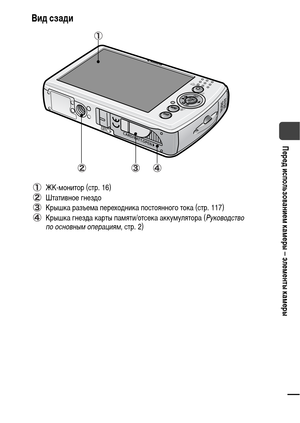 Page 1513
Перед использованием камеры – элементы камеры
Вид сзади
ЖК-монитор (стр. 16)
Штативное гнездо
Крышка разъема переходника постоянного тока (стр. 117)
Крышка гнезда карты памяти/отсека аккумулятора (Руководство 
по основным операциям, стр. 2) 