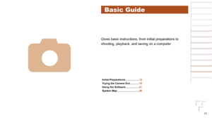 Page 1111
1
2
3
4
5
6
7
8
Cover 
Preliminary Notes  
and Legal Information
Contents: Basic 
Operations
Advanced Guide
Camera Basics
Smart Auto 
Mode
Other Shooting 
Modes
Playback Mode
Setting Menu
Accessories
Appendix
Index
Basic Guide
P Mode
Basic Guide
Gives basic instructions, from initial preparations to 
shooting, playback, and saving on a computer
4
Initial Preparations ................... 12
Trying the Camera Out
 ............. 18
Using the Software
 ................... 21
System Map...