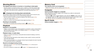 Page 106106
1
2
3
4
5
6
7
8
Cover 
Preliminary Notes  
and Legal Information
Contents: Basic 
Operations
Advanced Guide
Camera Basics
Smart Auto 
Mode
Other Shooting 
Modes
Playback Mode
Setting Menu
Accessories
Appendix
Index
Basic Guide
P Mode
Shooting Movies
The elapsed time shown is incorrect, or recording is interrupted.•	 Use the camera to format the memory card, or switch to a card that suppo\
rts high-
speed recording. Note that even if the elapsed time display is incorrect\
, the length 
of movies on...