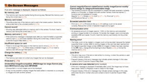 Page 107107
1
2
3
4
5
6
7
8
Cover 
Preliminary Notes  
and Legal Information
Contents: Basic 
Operations
Advanced Guide
Camera Basics
Smart Auto 
Mode
Other Shooting 
Modes
Playback Mode
Setting Menu
Accessories
Appendix
Index
Basic Guide
P Mode
On-Screen Messages
If an error message is displayed, respond as follows.
No memory card
•	 The memory card may be inserted facing the wrong way. Reinsert the memory card 
facing the correct way (=  15).
Memory card locked•	The write-protect tab of the memory card is set...