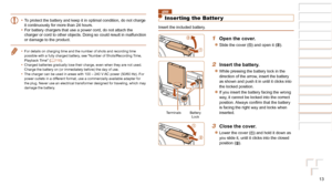 Page 1313
1
2
3
4
5
6
7
8
Cover 
Preliminary Notes  
and Legal Information
Contents: Basic 
Operations
Advanced Guide
Camera Basics
Smart Auto 
Mode
Other Shooting 
Modes
Playback Mode
Setting Menu
Accessories
Appendix
Index
Basic Guide
P Mode
•	 To protect the battery and keep it in optimal condition, do not charge 
it continuously for more than 24 hours.
•	 For battery chargers that use a power cord, do not attach the 
charger or cord to other objects. Doing so could result in malfunction 
or damage to the...