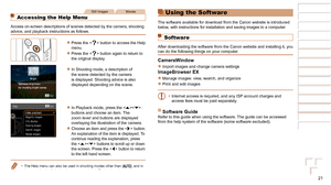 Page 2121
1
2
3
4
5
6
7
8
Cover 
Preliminary Notes  
and Legal Information
Contents: Basic 
Operations
Advanced Guide
Camera Basics
Smart Auto 
Mode
Other Shooting 
Modes
Playback Mode
Setting Menu
Accessories
Appendix
Index
Basic Guide
P Mode
Still ImagesMovies
Accessing the Help Menu
Access on-screen descriptions of scenes detected by the camera, shooting\
 
advice, and playback instructions as follows.
zzPress the  button to access the Help 
menu.
zzPress the  button again to return to 
the original...