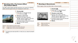 Page 5050
1
2
3
4
5
6
7
8
Cover 
Preliminary Notes  
and Legal Information
Contents: Basic 
Operations
Advanced Guide
Camera Basics
Smart Auto 
Mode
Other Shooting 
Modes
Playback Mode
Setting Menu
Accessories
Appendix
Index
Basic Guide
P Mode
Still Images
Shooting with a Toy Camera Effect  
(Toy Camera Effect)
This effect makes images resemble shots from a toy camera by vignetting 
(darker, blurred image corners) and changing the overall color.
1 Choose [].
zzFollow	step	1	in	“Specific	Scenes”	(=  46) and...