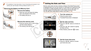 Page 1212
1
2
3
4
5
6
7
8
9
Cover 
Preliminary Notes and 
Legal Information
Contents: Basic 
Operations
Advanced Guide
Camera Basics
Smart Auto 
Mode
Other Shooting 
Modes
Playback Mode
Wi-Fi Functions
Setting Menu
Accessories
Appendix
Index
Basic Guide
P Mode
Setting the Date and Time
Set the current date and time correctly as follows if the [Date/Time] screen 
is displayed when you turn the camera on. Information you specify this w\
ay 
is recorded in image properties when you shoot, and it is used when you \...
