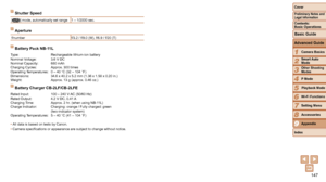Page 147147
1
2
3
4
5
6
7
8
9
Cover
Preliminary	Notes	and	Legal	Information
Contents:		
Basic	Operations
Advanced	Guide
Camera	Basics
Smart
	Auto	Mode
Other	Shooting	Modes
P	Mode
Wi-Fi	Functions
Setting	Menu
Accessories
Appendix
Index
Basic	Guide
Playback	Mode
Cover
Advanced	Guide
9Appendix
Shutter	Speed
[ A ] mode, automatically set range
1 – 1/2000 sec.
Aperture
f/number
f/3.2 / f/9.0 (W), f/6.9 / f/20 (T)
Battery	Pack	NB-11L
Type: Rechargeable lithium-ion battery
Nominal Voltage: 3.6 V DC
Nominal Capacity:...