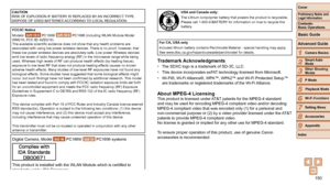 Page 150150
1
2
3
4
5
6
7
8
9
Cover
Preliminary	Notes	and	Legal	Information
Contents:		
Basic	Operations
Advanced	Guide
Camera	Basics
Smart
	Auto	Mode
Other	Shooting	Modes
P	Mode
Wi-Fi	Functions
Setting	Menu
Accessories
Appendix
Index
Basic	Guide
Playback	Mode
CAUTION
RISK OF EXPLOSION IF BATTERY IS REPLACED BY AN INCORRECT TYPE.
DISPOSE OF USED BATTERIES ACCORDING TO LOCAL REGULATION.
FCC/IC	Notice
Models: 
ELPH 130 IS PC1889/ ELPH 120 IS PC1896 (including WLAN Module Model 
WM218, FCC ID: AZD218)
The available...