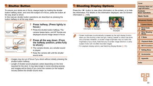 Page 3030
1
2
3
4
5
6
7
8
9
Cover
Preliminary	Notes	and	Legal	Information
Contents:		
Basic	Operations
Advanced	Guide
Camera	Basics
Smart
	Auto	Mode
Other	Shooting	Modes
P	Mode
Wi-Fi	Functions
Setting	Menu
Accessories
Appendix
Index
Basic	Guide
Playback	Mode
Cover	
1Camera	Basics
Advanced	Guide
Shutter Button
To ensure your shots are in focus, always begin by holding the shutter 
button halfway down, and once the subject is in focus, press the button \
all 
the way down to shoot.
In this manual, shutter button...