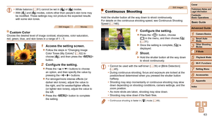 Page 6363
1
2
3
4
5
6
7
8
9
Cover
Preliminary	Notes	and	Legal	Information
Contents:		
Basic	Operations
Advanced	Guide
Camera	Basics
Smart
	Auto	Mode
Other	Shooting	Modes
P	Mode
Wi-Fi	Functions
Setting	Menu
Accessories
Appendix
Index
Basic	Guide
Playback	Mode
Cover
Advanced	Guide
4P	Mode
•	 White balance ( =  61) cannot be set in [] or [] modes.
•	 With [
] and [] modes, colors other than people’s skin tone may 
be modified. These settings may not produce the expected results 
with some skin tones.
Still...