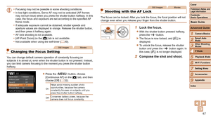 Page 6767
1
2
3
4
5
6
7
8
9
Cover
Preliminary	Notes	and	Legal	Information
Contents:		
Basic	Operations
Advanced	Guide
Camera	Basics
Smart
	Auto	Mode
Other	Shooting	Modes
P	Mode
Wi-Fi	Functions
Setting	Menu
Accessories
Appendix
Index
Basic	Guide
Playback	Mode
Cover
Advanced	Guide
4P	Mode
•	 Focusing may not be possible in some shooting conditions.
•	 In low-light conditions, Servo AF may not be activated (AF frames 
may not turn blue) when you press the shutter button halfway. In this 
case, the focus and...